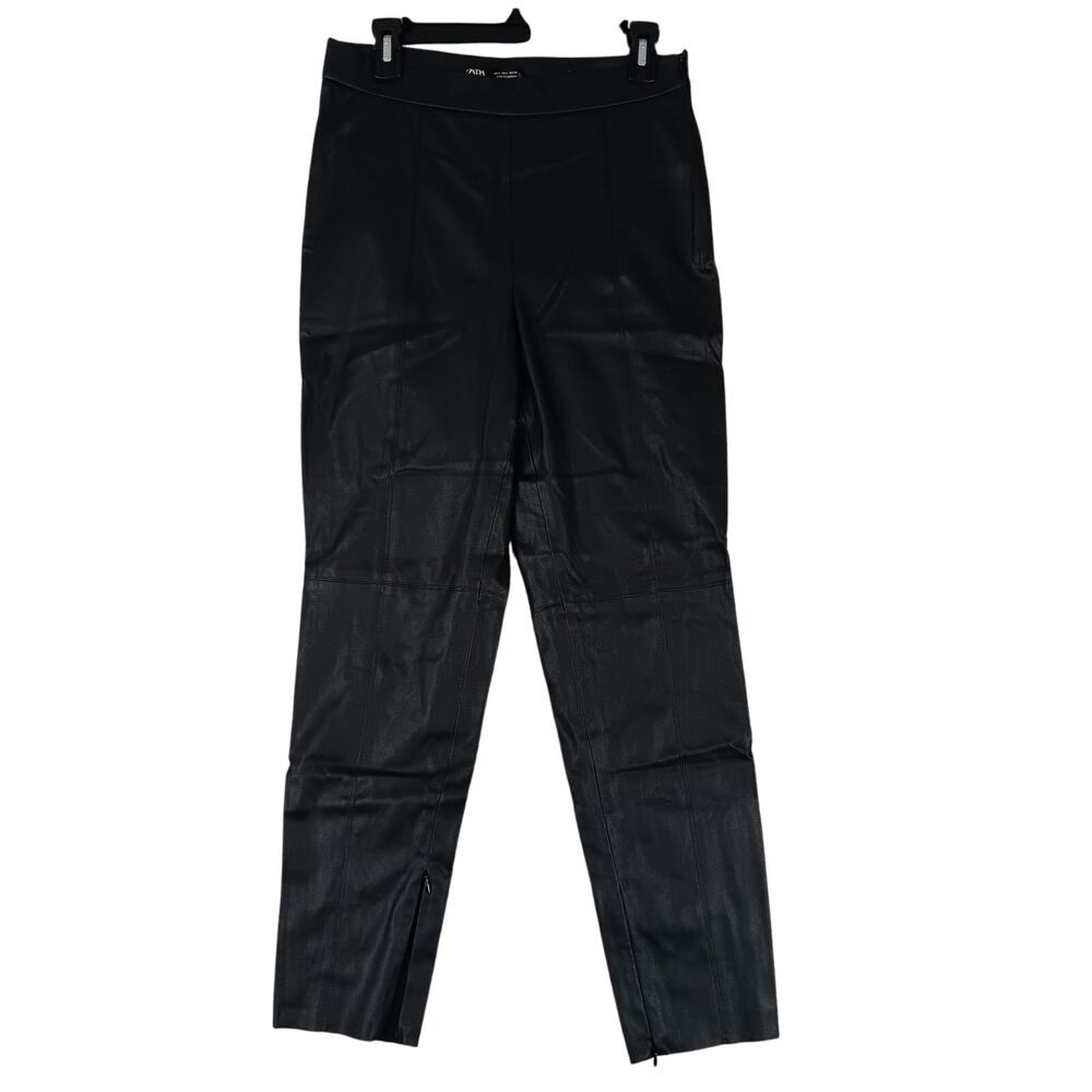 Zara Faux Leather Pants Womens Large Black Skinny Pleated Ankle Zip Goth Casual